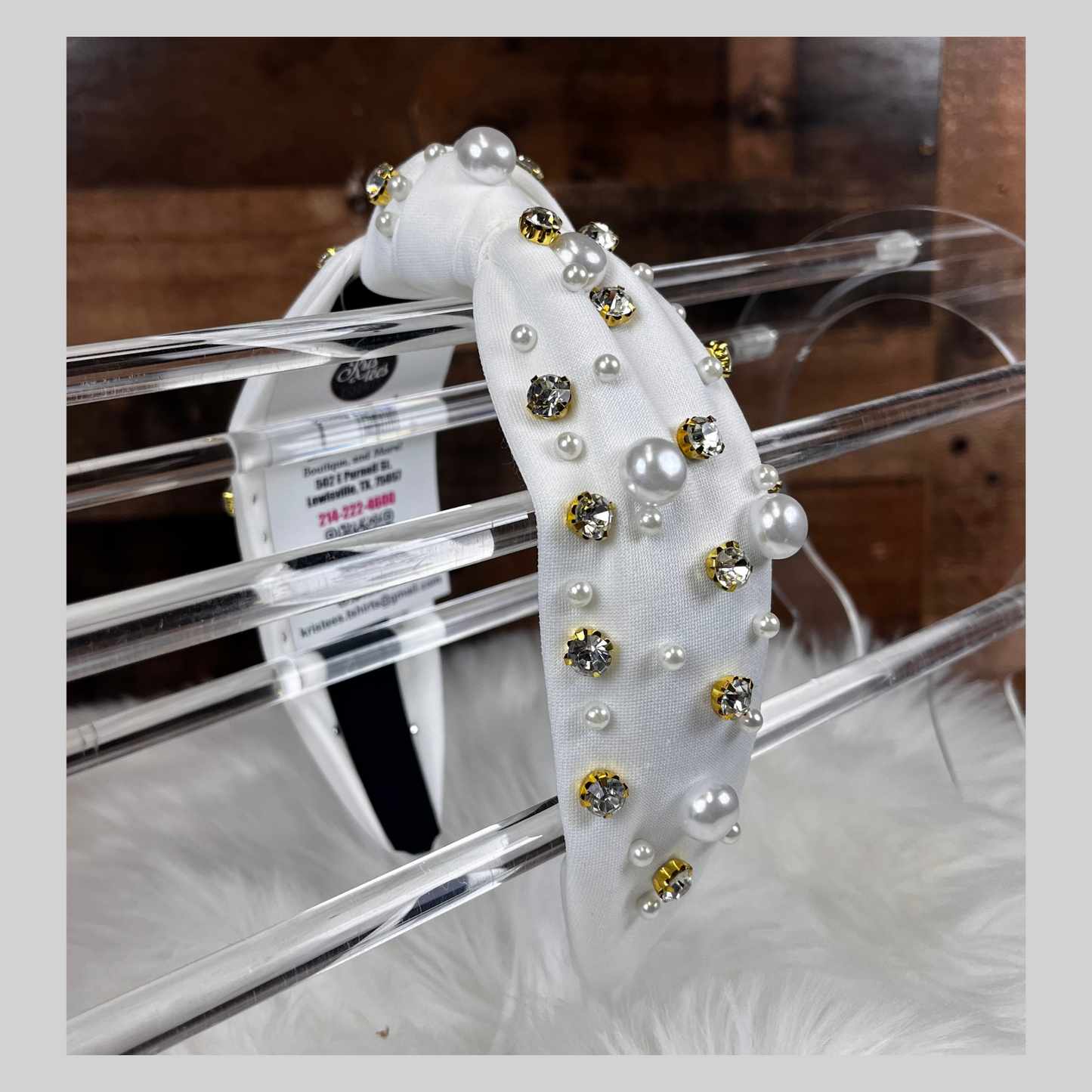 Faux Pearl Knotted Headband with Rhinestones
