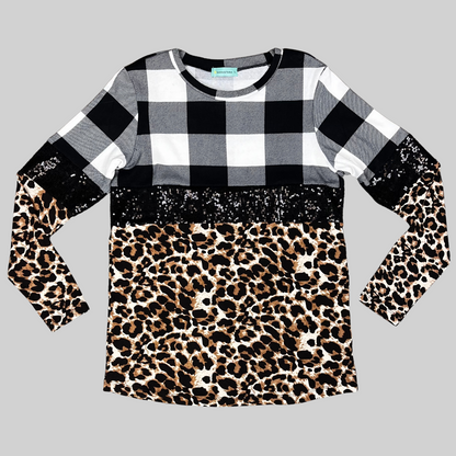Long Sleeve Buffalo Plaid and Cheetah Sequin Shirt