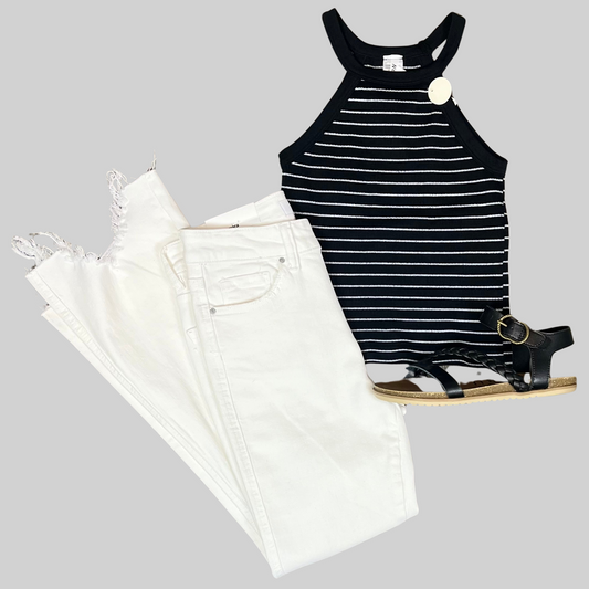 Black and White Striped Tank Crop Top