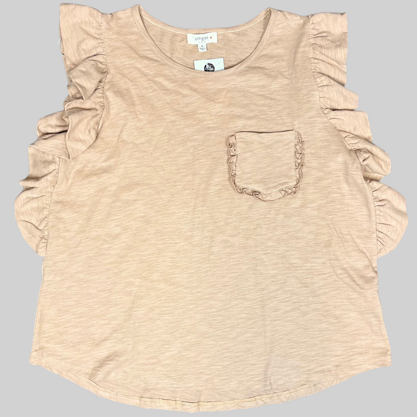 Flutter Sleeve Round Neck Tee with Ruffle Hem Chest Pocket & No Lining