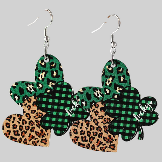 Saint Patrick's Day Leopard Clover Wood Earrings