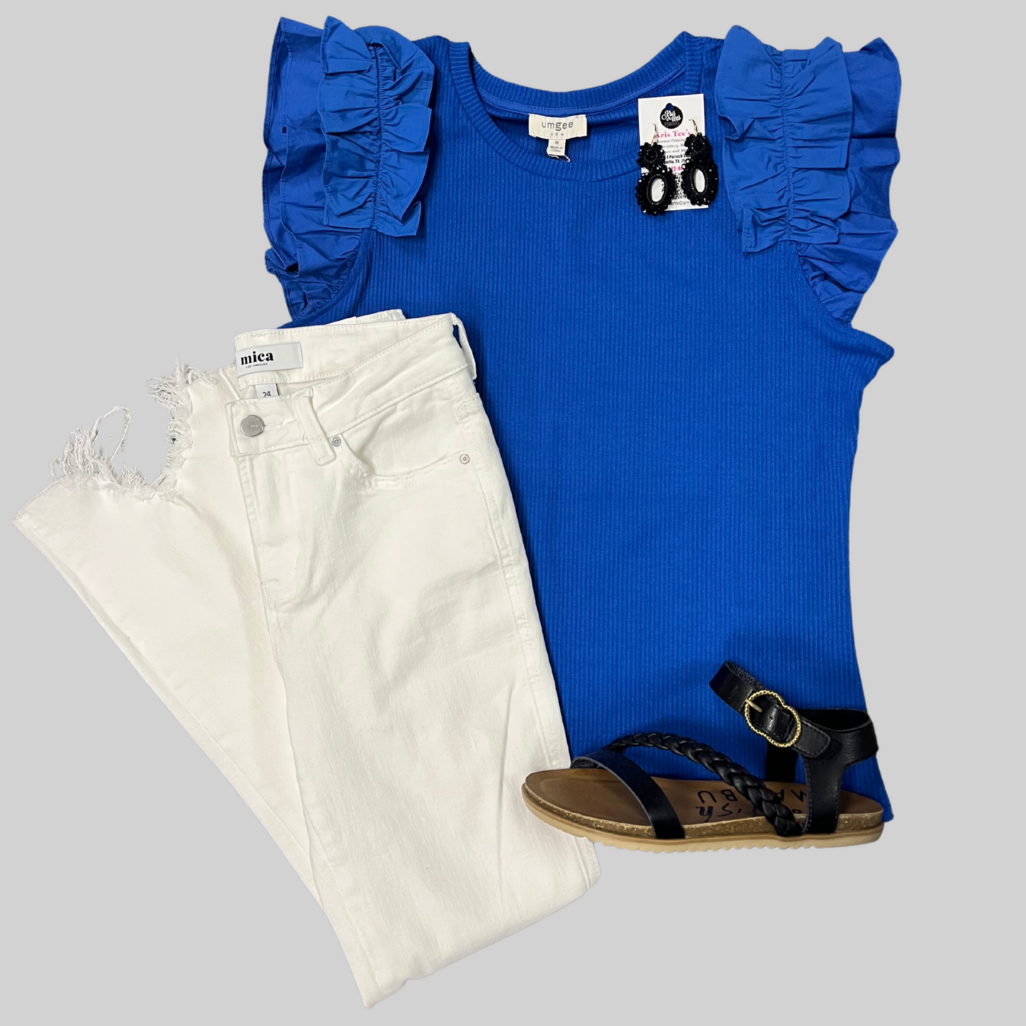 Ribbed Knit Top with Poplin Ruffle Sleeve