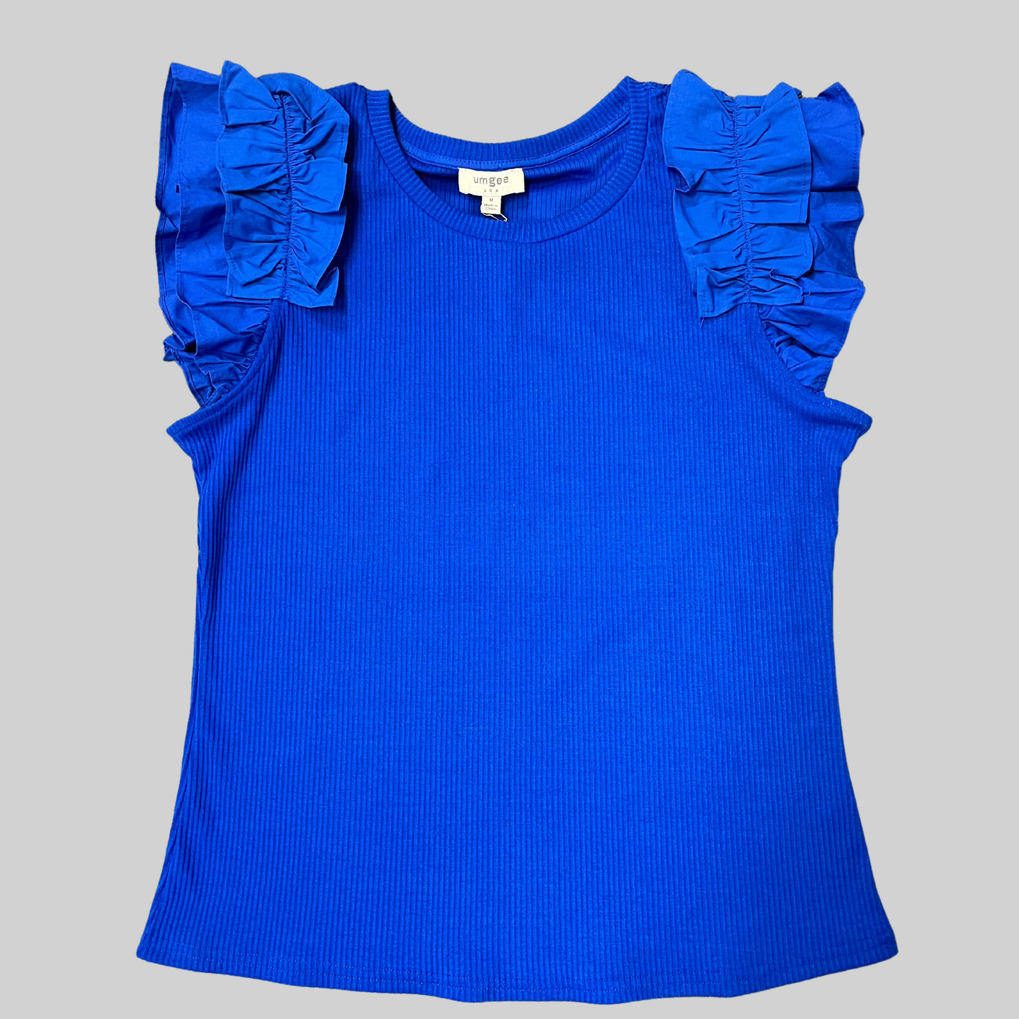 Ribbed Knit Top with Poplin Ruffle Sleeve