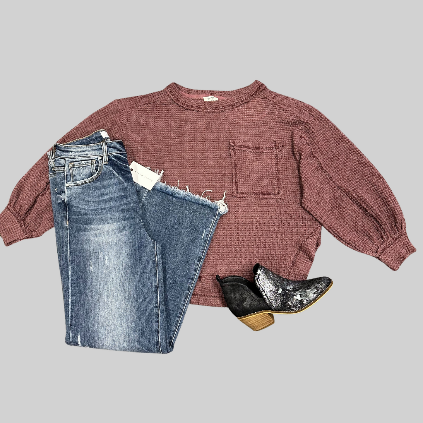 Chunky Waffle Knit Long Sleeve Top with Side Slit