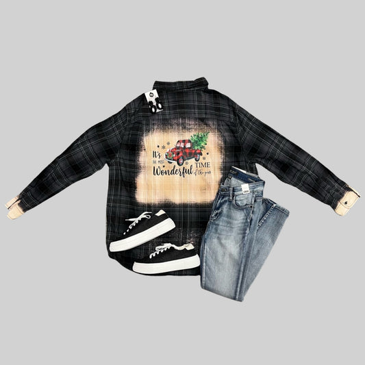 Christmas Tree Truck Bleached Flannel