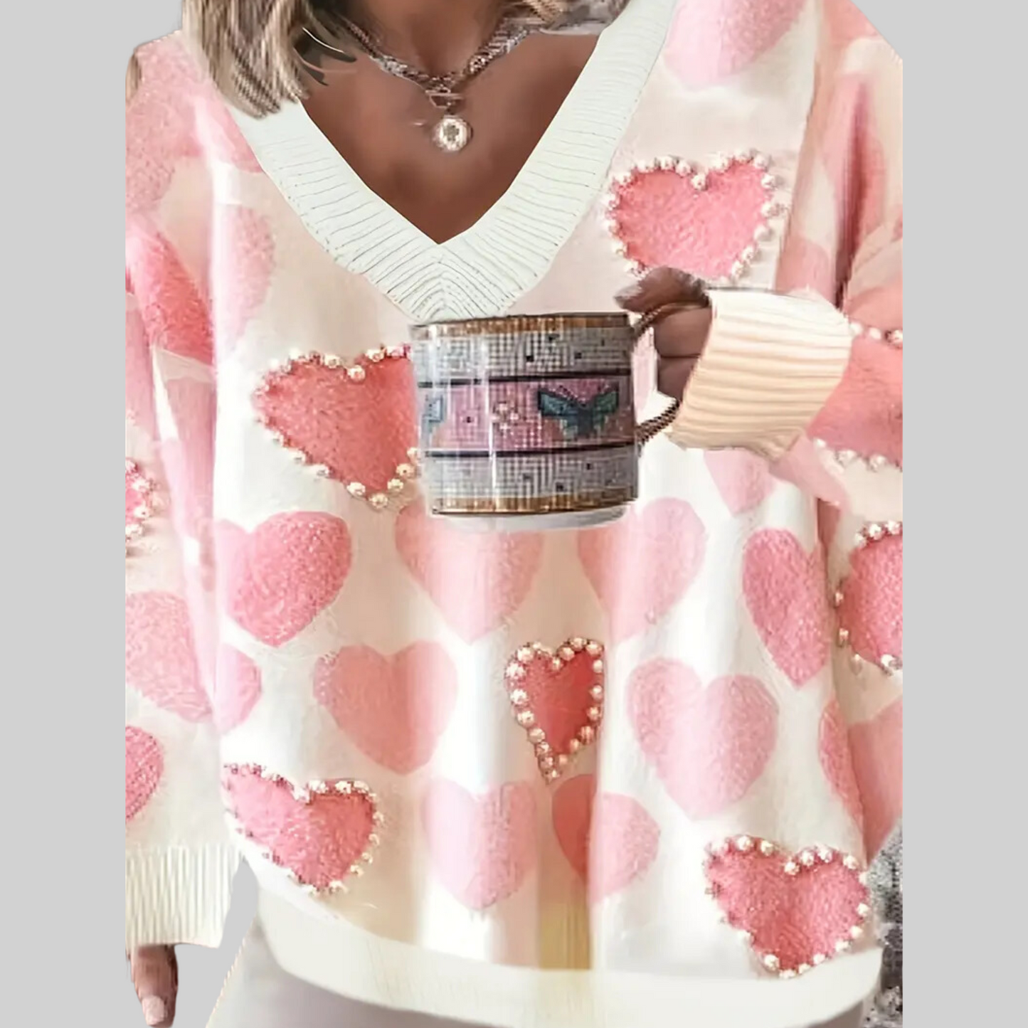 Faux Pearl Heart Plus Size Sweater