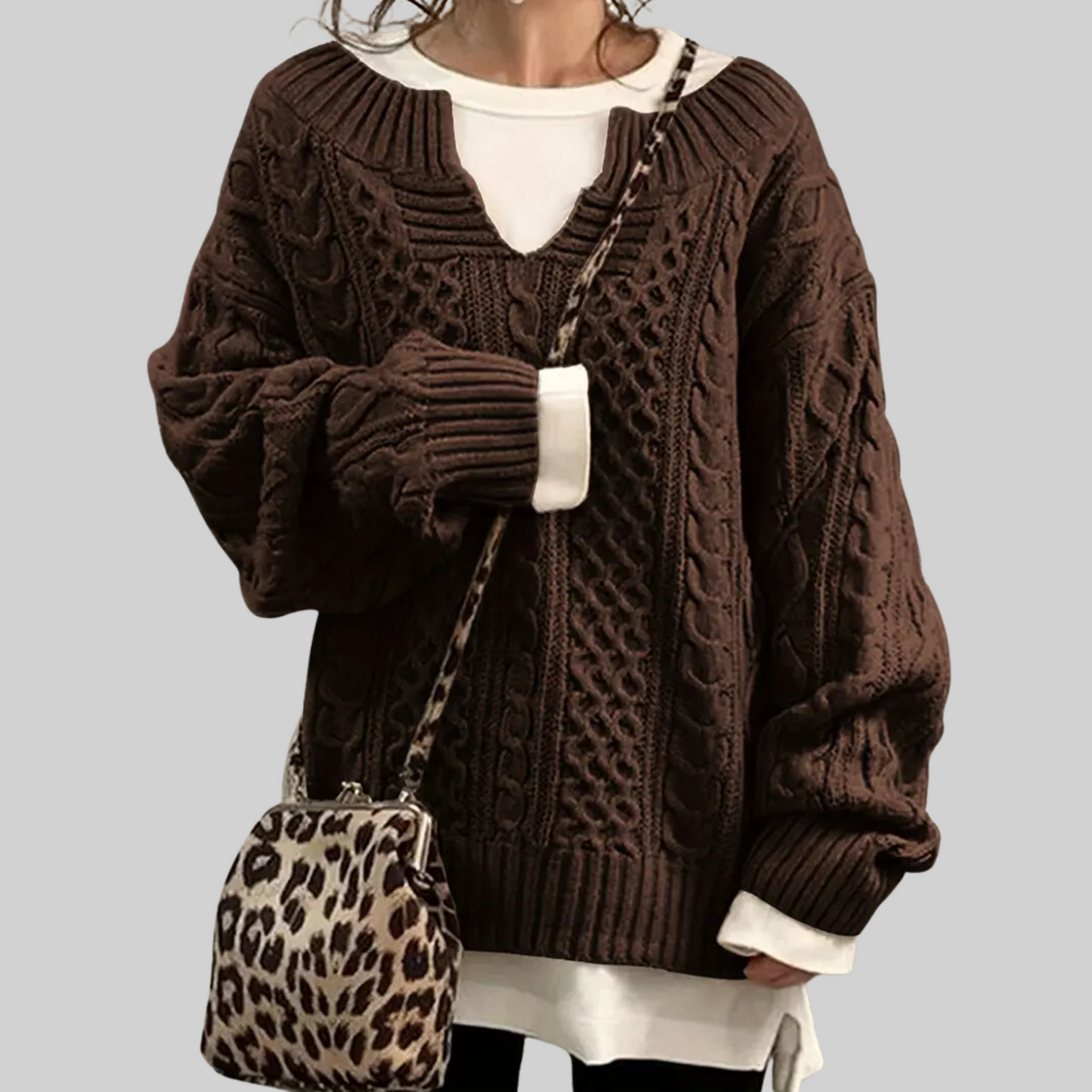 Notched Neck Cable Knit Sweater