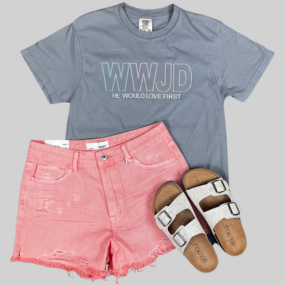 Peach Distressed Jean Shorts