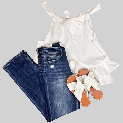 White Chic Halter Neck Ruffle Tank