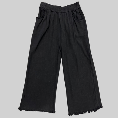 Wide Leg Pant with Elastic Waist, Pockets, and Frayed Hem