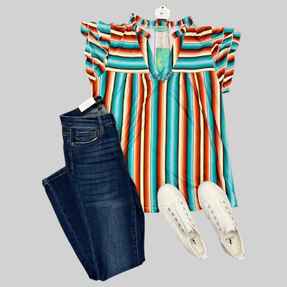 Serape V Neck Top with Ruffle Sleeves
