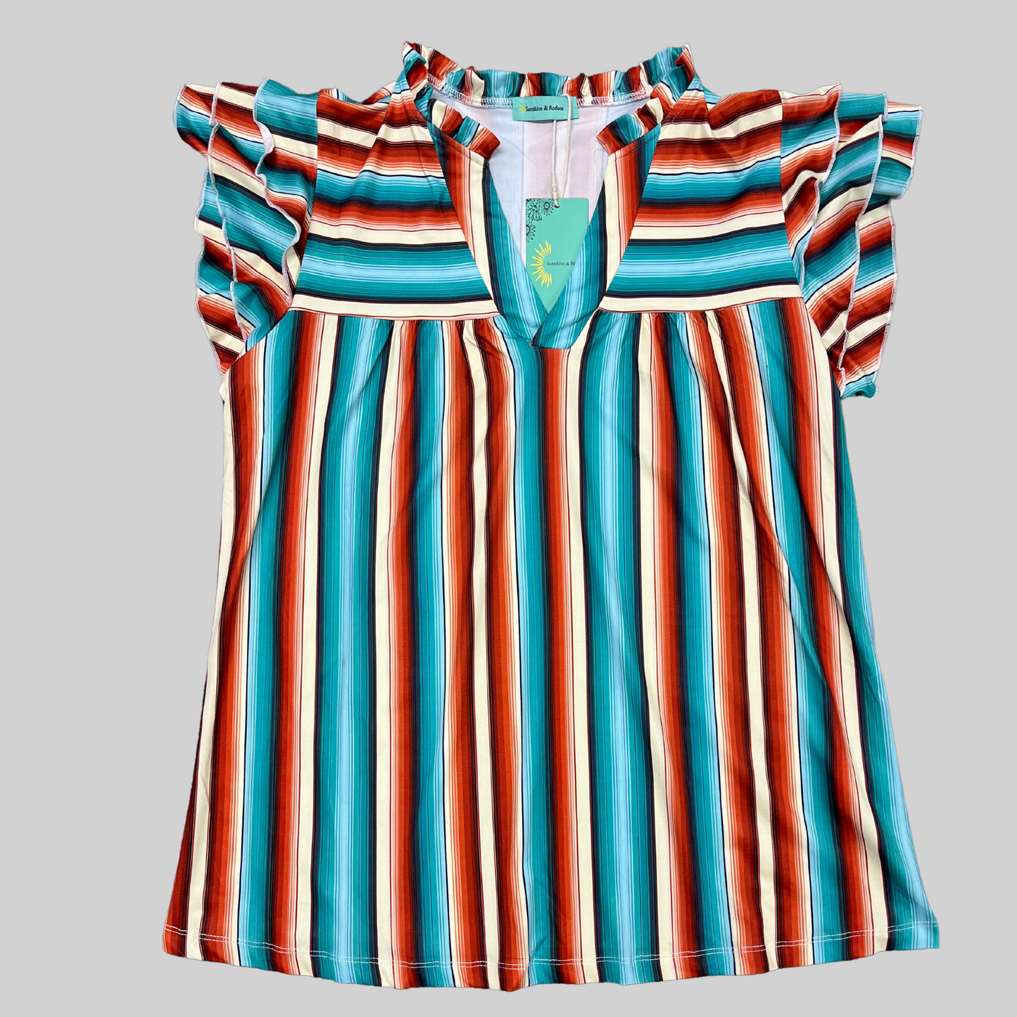 Serape V Neck Top with Ruffle Sleeves