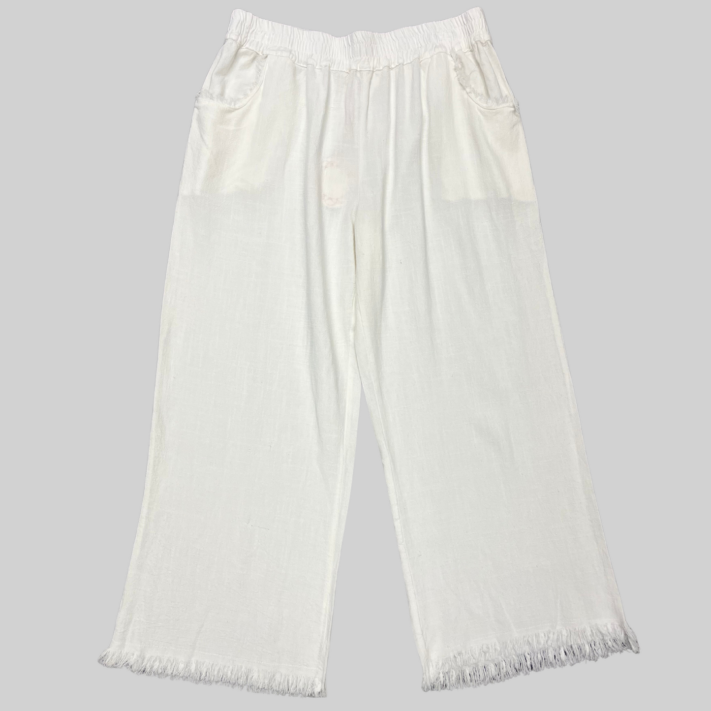 Wide Leg Pant with Elastic Waist, Pockets, and Frayed Hem