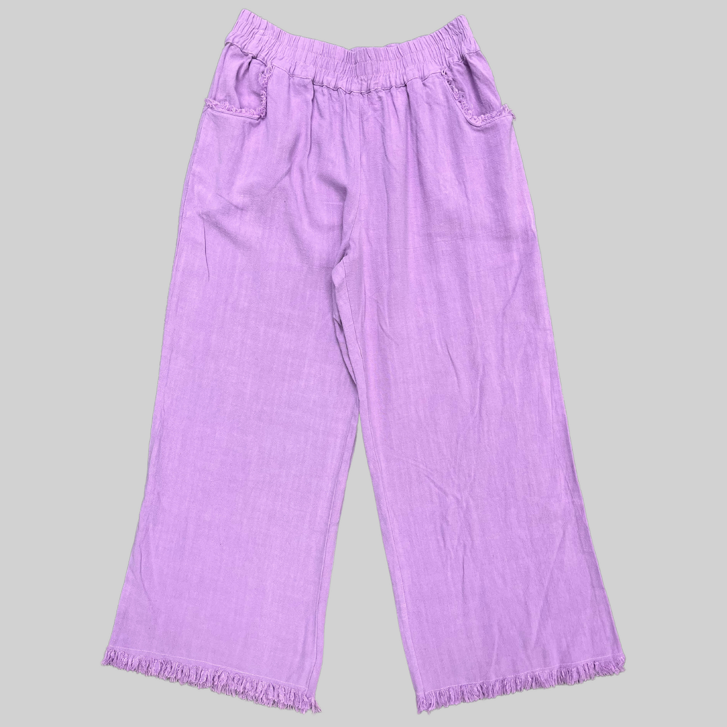 Wide Leg Pant with Elastic Waist, Pockets, and Frayed Hem